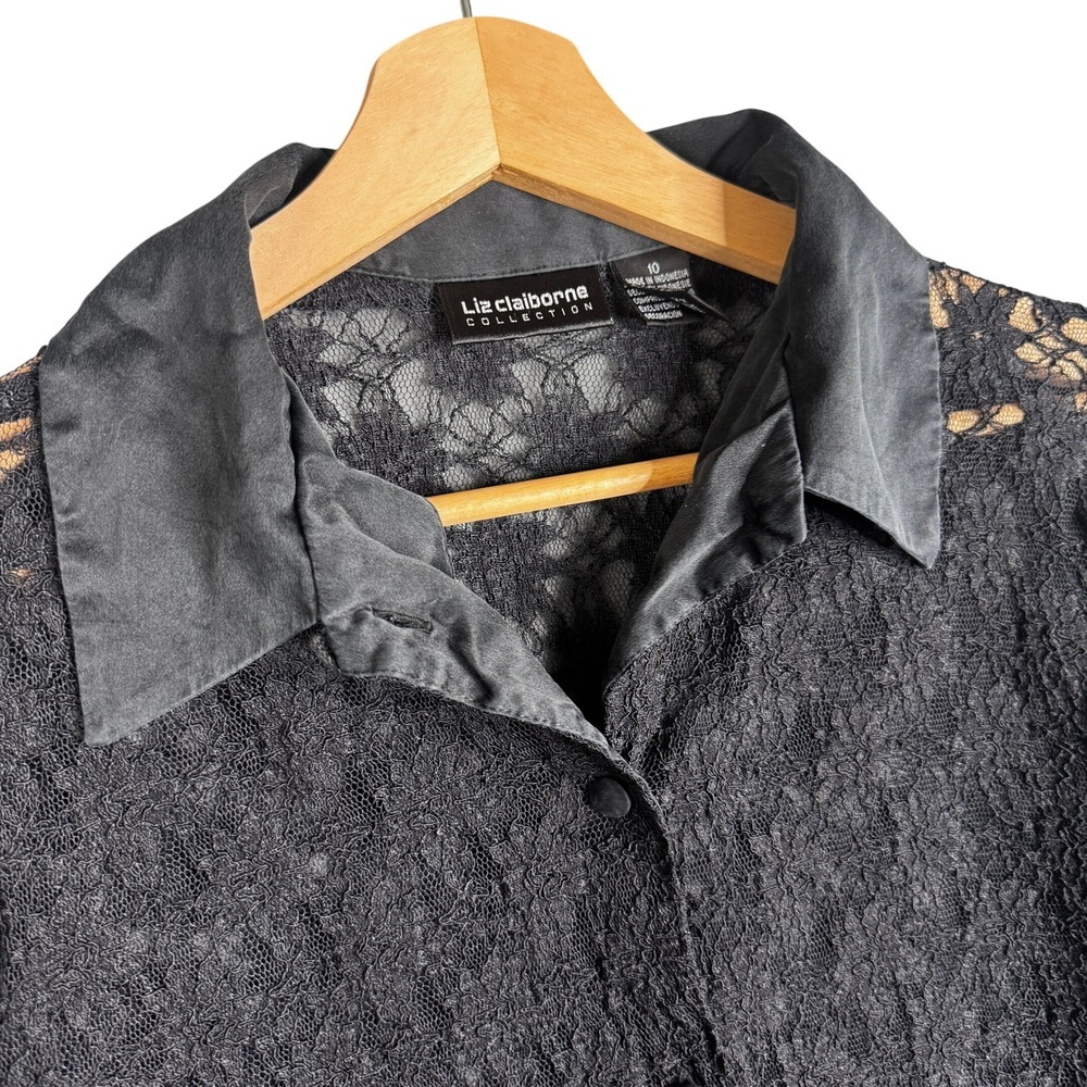 Liz Claiborne Y2K Collection Black Floral Lace Button Up Blouse Satin Sz 10